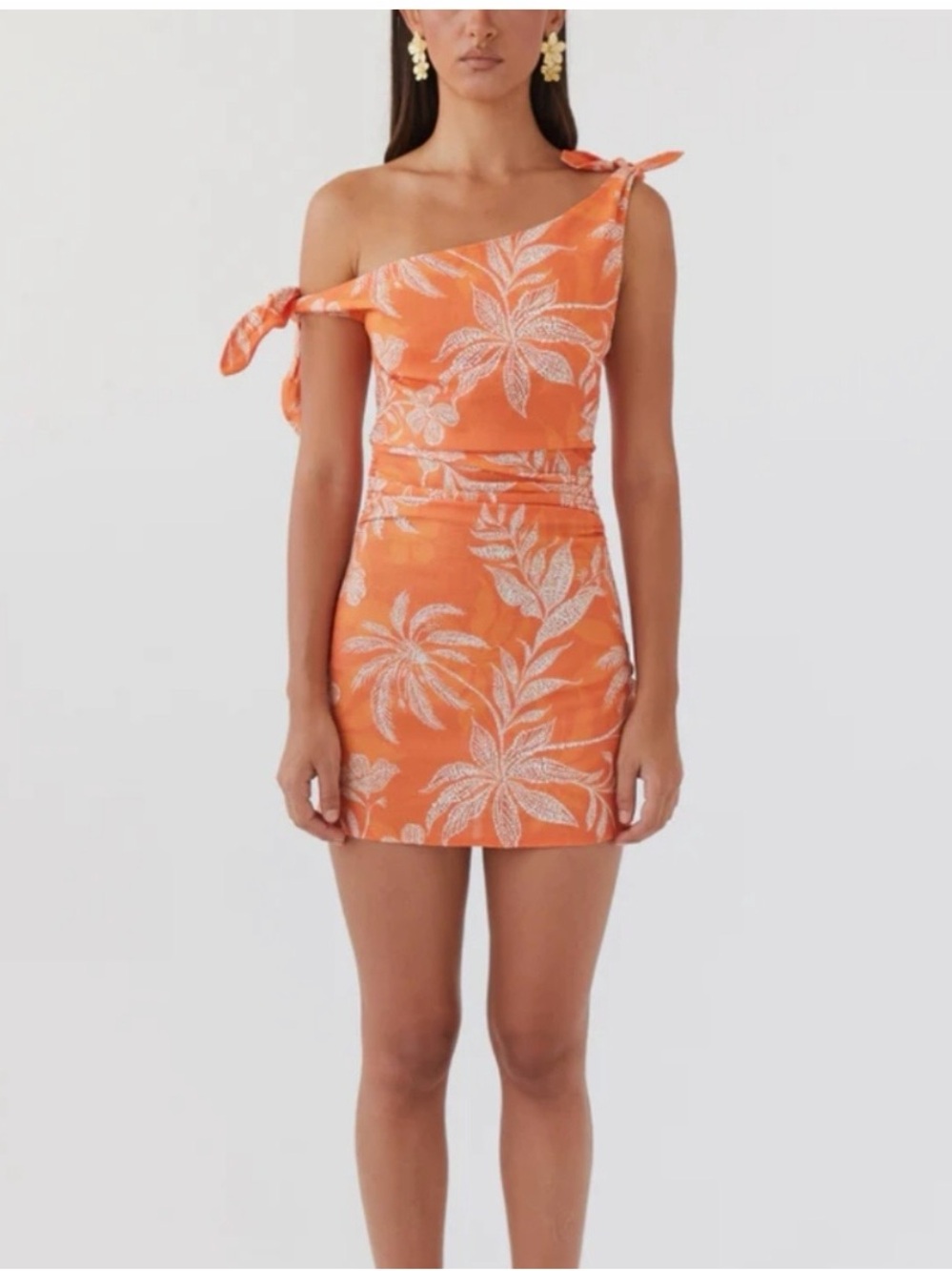 Peppermayo Orange One-Shoulder Tropical Mini Dress